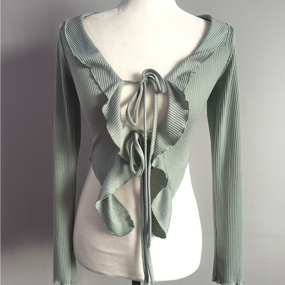 Green Long Sleeve Ruffled Tie Front Blouse